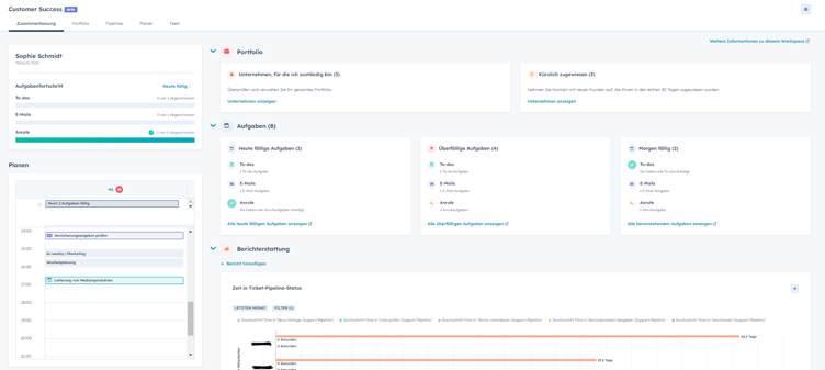 Der Customer Success Workspace in HubSpot bietet Mitarbeitenden eine individuelle Übersicht über die Auftragslage, anstehenden Aufgaben und Termine sowie benutzerdefinierte Berichte.